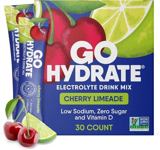 [BRSW2Y37OYGWKCTL] GoHydrate Low Sodium Electrolytes Powder Packets Sugar Free - Instant Hydration Daily Drink Mix - Zero Sugar Water Flavor Packet Singles with Vitamin D - (Cherry Limeade, 30 Packs)