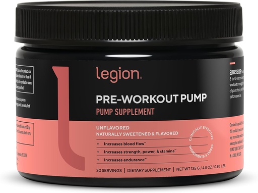 [BRSROAQYDN6WYHTX] LEGION Pre Workout Pump - Arginine Supplement Boosts Nitric Oxide Production - Nitric Oxide Booster Helps Increase Strength & Stamina, Promotes Enhanced Muscular Efficiency (Unflavored, 30 Servings)