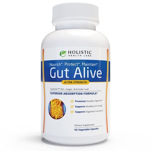 [BRSWYFARCQIA4G3F] Holistic Health Labs Gut Alive - All Natural Support to Fight IBS, Heartburn, Acid Indigestion, Acid Reflux, Bloating & Gas. Unique Formulation (60 Count (Pack of 1))