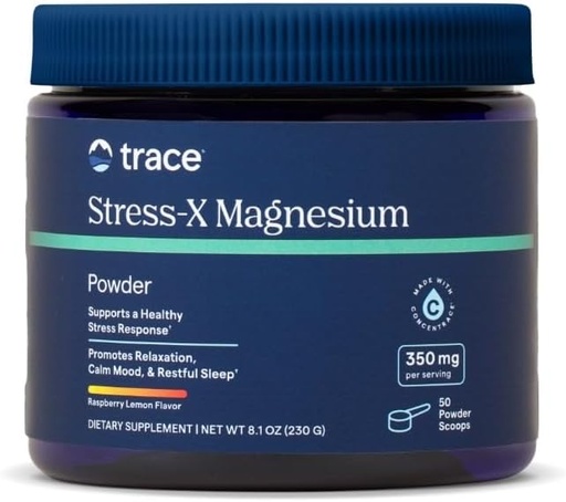 [BRSWKEI6DIGAOFD2] Trace Minerals Stress-X Magnesium Powder Raspberry Lemon Flavor 8.5 oz | Дневной и ночной порошок, Снятие стресса, Регулярность, Расслабление, Сон | Сердце, Энергия, Расслабление мышц, Функция клеток | Не-ГМО