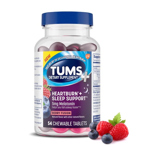 [BRSRMBQEPMAQMAYZ] TUMS Heartburn Plus Sleep Support Chewable Dietary Supplement Tablets for Occasional Heartburn Relief Plus Sleep Support, Berry Fusion - 54 Count