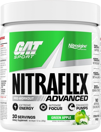 [BRSWIZQ5AR5RC2DI] GAT SPORT Nitraflex Advanced Pre-Workout Powder, Increases Blood Flow, Boosts Strength and Energy, Improves Exercise Performance, Creatine-Free (Green Apple, 30 Servings)