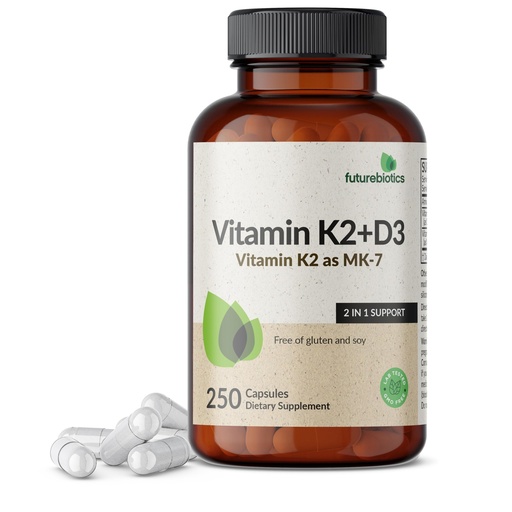 [BRSW2GQRDIFAGETV] Futurebiotics Vitamin K2 (MK7) with D3 Supplement - Non-GMO Formula - 5000 IU Vitamin D3 & 90 mcg Vitamin K2 MK-7, 250 Vegetarian Capsules