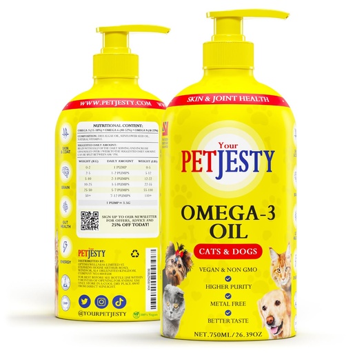[BRSRMCAHCBYWKELV] PetJesty Pure Omega 3 Oil for Dogs & Cats 26.39oz - Omega 3 Skin & Coat Support- Liquid Food Supplement for Pets - Vegan pet + DHA for Joint Function, Immune & Heart Health, Non Fish Oil Dog and Cat