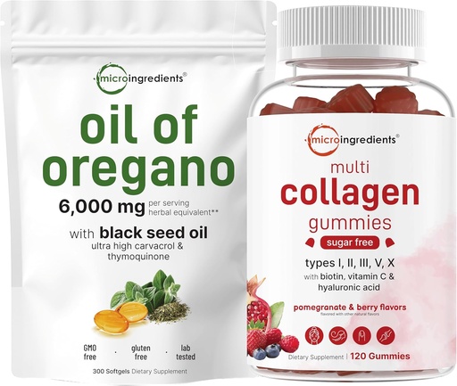 [BRSRAAIQAEHRUE35] Micro Ingredients Oil of Oregano Softgels 6,000mg Per Serving & Multi Collagen Peptides Gummies Bundle Pack | 4X Strength Carvacrol & Thymoquinon | Type I,II,III,V,X Protein