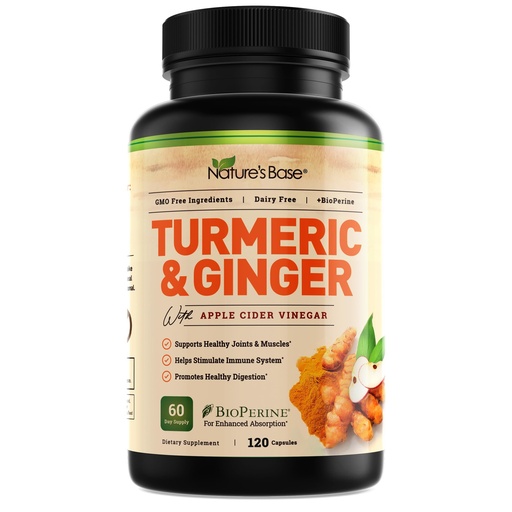[BRSW2ZQZOEBA2FYZ] Nature's Base Turmeric and Ginger Supplement - with Curcumin, Apple Cider Vinegar & BioPerine Black Pepper Extract - 95% Curcuminoids - 120 Capsules