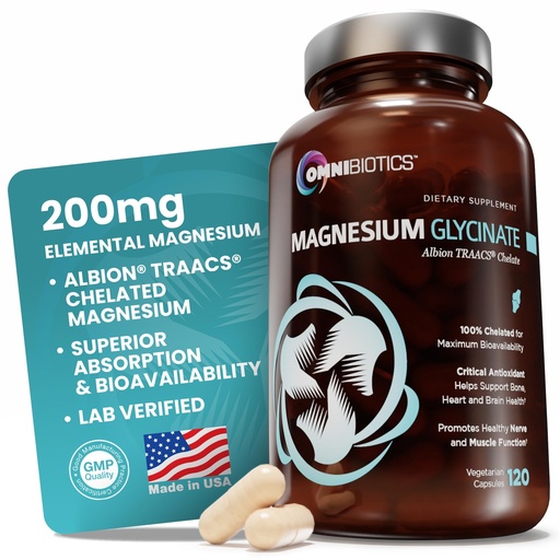 [BRSWKHQTC4GA4YDM] OmniBiotics Magnesium Glycinate Supplement – with 100% Pure Albion TRAACS Bisglycinate Chelate for Sleep, Muscle, Nerve & Heart Health – 120 Vegan Capsules