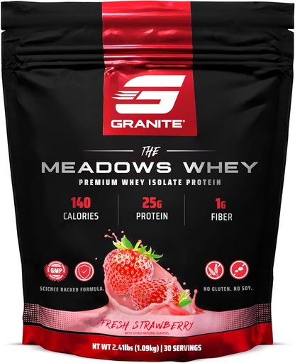 [BRSROBD2AAJR4CT3] Graniitti täydentää Meadows Whey Protein Isolate Protein Powder for Lean Muscle 150 kaloria, 2g kuitua, 1g sokeria (30 tarjoilua), tuore mansikkamaku