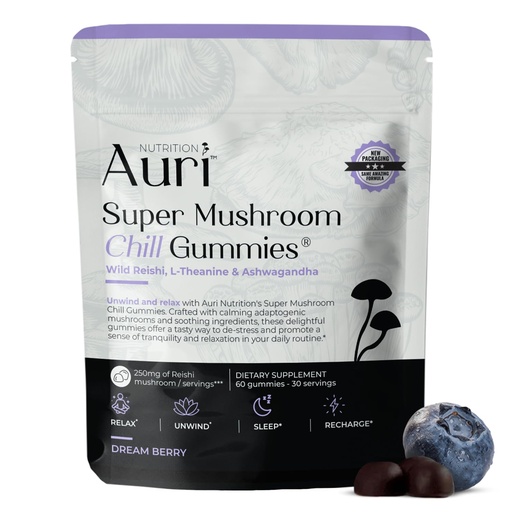 [BRSROFI7CEBWMALH] Auri Nutrition Super Mushroom Chill Gummies - Natural Calming Aid & Stress Reduction Supplement for Adults w/Reishi Mushroom, Ashwagandha, L-Theanine- Unwind Mind & Harmonize Your Day- 60 Calm Gummies