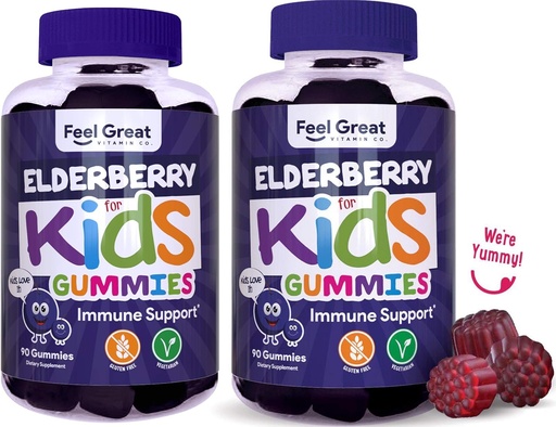 [BRSWYZALAR4GEFI7] Feel Great Kids Elderberry Gummies with Zinc and Vitamin C (2-Pack) | Immune Support Sambucus Elderberry | Berry Flavored Vegan Multivitamins | 90 Count