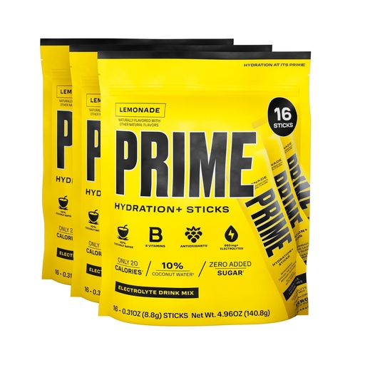 [BRSROCQPAEDRQG3X] PRIME HYDRATION+ Sticks Lemonade | Hydration Powder Single Serve Sticks | Electrolyte Powder On The Go | 250mg BCAAs, B Vitamins, Antioxidants | Low Sugar | Caffeine-Free | Vegan | 48 Sticks