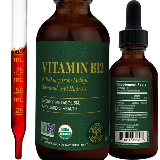 [BRSWYYDQAR7QIF32] Global Healing - Organic Vitamin B12 5000 MCG Sublingual Liquid - Methylcobalamin, Hydroxo Blend & More - Methylated Drops for Adults - Vegan, Non-GMO, VIT B12, Vitamins Supplement (2 Oz)