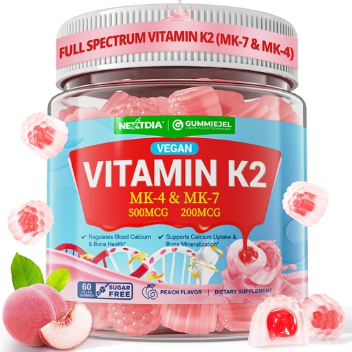 [BRSRAGLQAFYRQEY7] Vitamin K2 Gummies MK-7 200 mcg & MK-4 500 mcg for Women & Men Sugar Free, Perfect 2-IN-1 Full Spectrum Vitamin K2 Supplement for Bone, He-art, Promotes Calcium Absorption, Brain, Teeth, Immune,1Pack