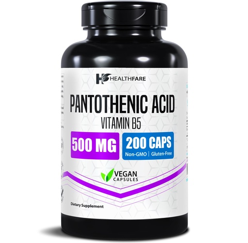 [BRSRMZI3BUIQOFLF] Healthfare Pantothenic Acid 500mg Vitamin B5 Supplement | 200 Vegan Capsules | Extra Strength Energy & Metabolism Support | Non-GMO, Gluten-Free | Made in USA