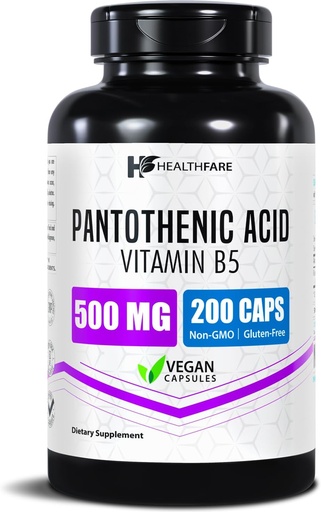 [BRSRMZI3BUIQOFLF] Healthfare Pantothenic Acid 500mg Vitamin B5 Supplement | 200 Vegan Capsules | Extra Strength Energy & Metabolism Support | Non-GMO, Gluten-Free | Made in USA