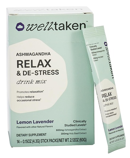 [BRSROZYYAEPRU3DF] Ashwagandha Relax & De-Stress Powder - Lemon Lavender 14ct Box - 600mg Ashwagandha, 200mg L-Theanine, Holy Basil – Supports Stress, Relaxation – Vegan, No Added Sugar - 14 Servings
