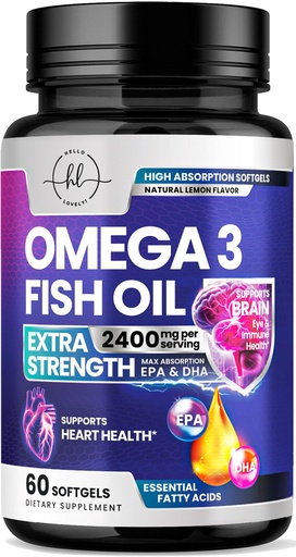 [BRSRAELRCUFQY3TO] Omega 3 Fish Oil Supplements - 2400mg Fish Oil Per Serving - Triple Strength Omega-3 with EPA & DHA Fatty Acids - Natural Heart, Brain & Immune Support - Wild Caught, Bottled in USA - 60 Softgels