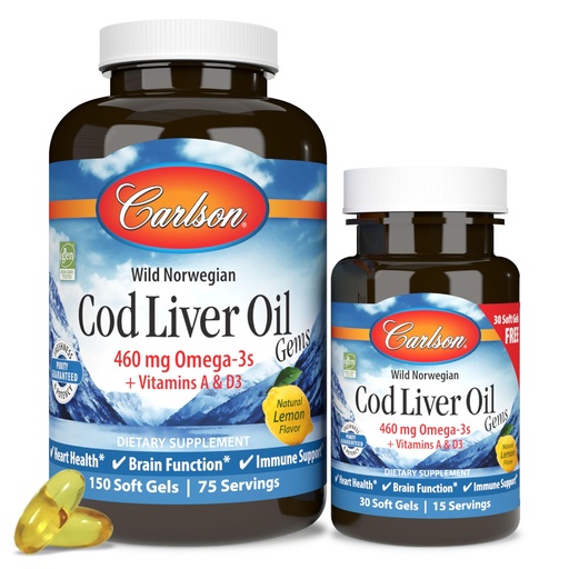 [BRSWECQ2BEBGMELP] Carlson - Cod Liver Oil Gems, 460 mg Omega-3s, Plus Vitamins A and D3, Wild Caught Norwegian Arctic Cod, Sustainably Sourced Nordic Fish Oil Capsules, Lemon, 150 + 30 Softgels
