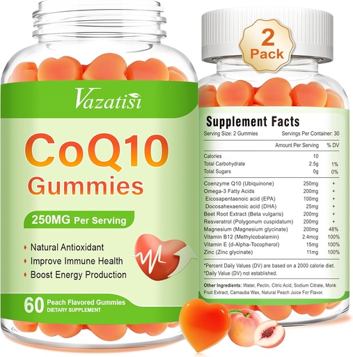 [BRSROHQOCMNR63TO] 2 Pacote CoQ10 Gummies 250 mg, Plus Omega-3, Magnésio, Vitamina B12 para Energia Celular, Cérebro e Antioxidante, 5X melhor absorção Coenzima Q10 Suplemento - 120 Cts