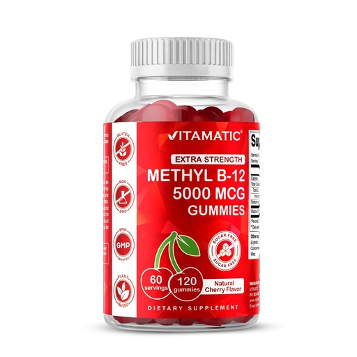 [BRSRMAARPIBQYG33] Vitamatic Extra Strength Vitamin B12 5000 mcg (Methyl B12) Gummies - 120 Count - Energy Metabolism Support and Nervous System Health Support, Natural Cherry Flavored (1)