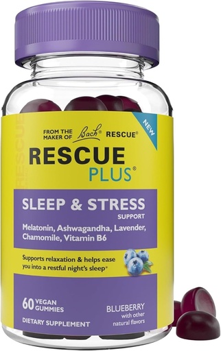 [BRSRMZI5DECGAHTG] Bach RESCUE PLUS Sleep & Stress Support Gummies, Nighttime Dietary Supplement with 1mg Melatonin, Ashwagandha, Chamomile, Lavender & Vitamin B6, Natural Blueberry Flavor, Vegan & Gluten-Free, 60 Count