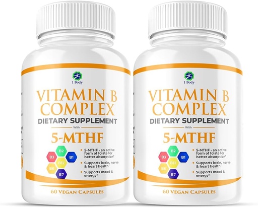 [BRSRO2YEPMGQOFDV] 1 Body Vitamin B Complex Twin Pack – 5-MTHF Folate with B1, B2, B5, B6, Methyl B12, Niacin, Biotin – 60 Capsules Each