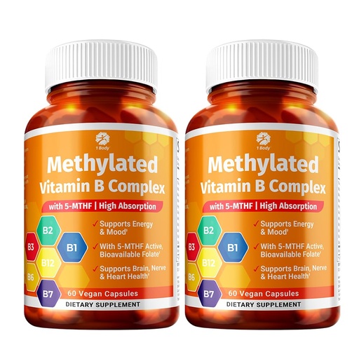 [BRSRO2YEPMGQOFDV] 1 Body Vitamin B Complex Twin Pack with 5-MTHF Folate, B1, B2, B5, B6, Methyl B12, Niacin, Biotin 60 Capsules Each