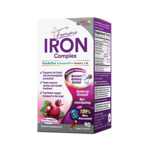 [BRSROAD2OIORQCDB] LABO Nutrition Femme Iron Endosomal SunActive, Non-Irritating 15mg Iron Supplement for Blood Builder, Vegan, Gentle, No Metallic Aftertaste, Non Constipating, Ideal for Sensitive Stomachs, 90 Count