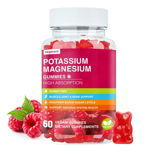[BRSRAGIDC4DRMHI4] Potassium Magnesium Gummies - Magnesium Glycinate B6,D3 & Potassium Citrate for Leg Cramps,Muscle,Electroyte for Adults Kids,Sugar-Free - 60 Raspberry Gummies