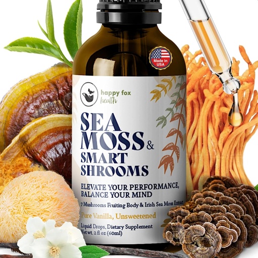 [BRSROFAOA4PWE23Z] HAPPY FOX Irish Sea Moss Liquid Drops & Mushroom Tincture - Seamoss with 7 Adaptogenic Mushroom Extracts for Cognitive Support & Gut Health, Mushroom Coffee Elixir, Pure Vanilla Flavor