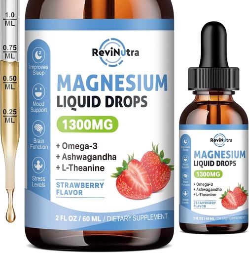 [BRSRA234C5YQAET5] Triple Magnesium Complex Liquid Drops, 1300mg Magnesium Glycinate, Taurate & Citrate with Omega3, L-Theanine, Ashwagandha, Potassium, D3, B6, B12 for Calm, Sleep, Muscle, Strawberry Flavor, 2 Fl OZ
