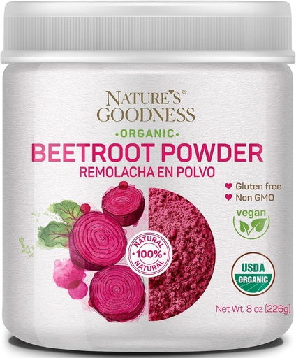 [BRSRO2QLAB7B6EI2] Nature's Goodness Beet Root Powder – 56 Servings (8oz) - Nitric Oxide Booster for Energy, Stamina, Heart Health, and Athletic Performance