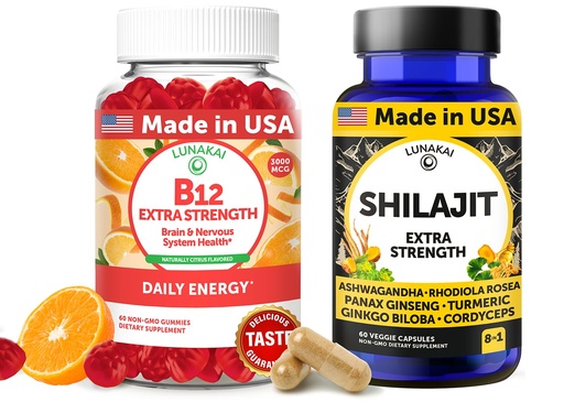 [BRSRABQCDNYWKFLD] Lunakai USA Made B12 Gummies & Shilajit Capsules Bundle – Extra Strength Daily Energy & Wellness Support