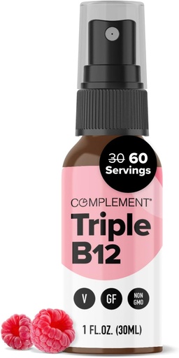 [BRSRMZY7CB4AI2DZ] Complément Vitamine végane triple B12 Spray liquide- Mélange de 1500 mcg (60 portions) Arôme framboise- Absorption améliorée, énergie, humeur, système nerveux, fonction cognitive pour les enfants et les adultes