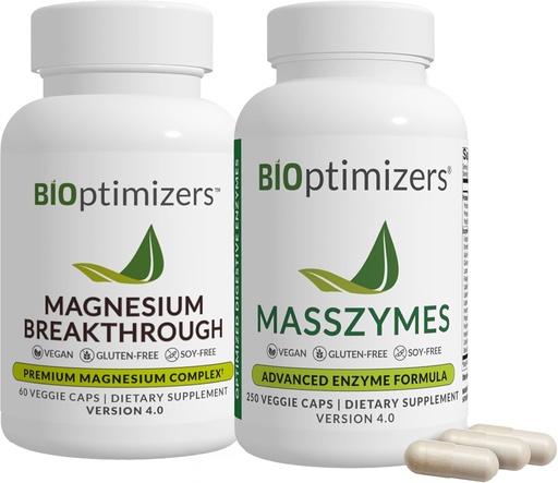 [BRSRMZYBCEIGEG3P] BiOptimizers Magnesium Breakthrough 4.0, (60 Capsules) & MassZymes 4.0, (250 cápsulas) - Natural Sleep, Brain, and Digestive Health Support Suplemento Bundle