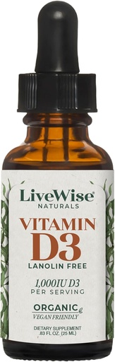[BRSWGFQ6BMIQ2GTH] LiveWise Naturals Organic Vitamin D3 Liquid Drops, Vegan, Non-GMO, Plant-Based, 200 IU per Drop, Supports Immune, Bone, and Mood Health, Easy-to-Absorb, in MCT Oil 1,000 IU