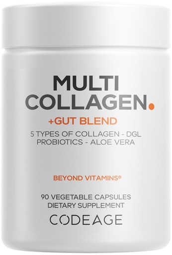 [BRSW2FAPC5YAMCAZ] Codeage Multi Collagen + Gut Blend Supplement - Digestive Probiotics, DGL Licorice, Aloe Vera, Organic Peppermint Leaf, Slippery Elm - Hydrolyzed Bovine Collagen Pills - Non-GMO - 90 Capsules