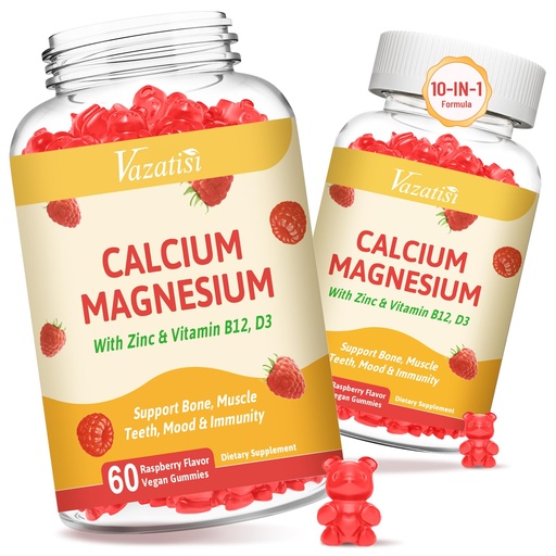 [BRSROFQ2O4BRA3T5] 2 Pack Calcium Gummies with Magnesium, Zinc, Vitamin D3 & B12, Calcium Supplements for Women Men, Support Bone, Muscle and Immunity, 120 Vegan Raspberry Flavor Gummies