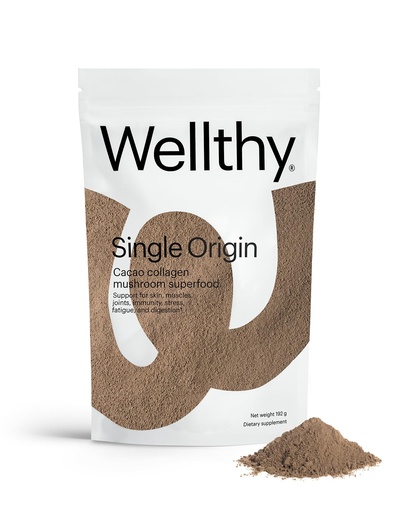 [BRSRMAILOAGWYG3D] Wellthy Collagen Superfood Powder, Fights Stress & Fatigue, Cacao, Mushroom Powder - Organic Chaga & Reishi Extracts, Certified Organic Matcha, Allergen-Free & Non-GMO