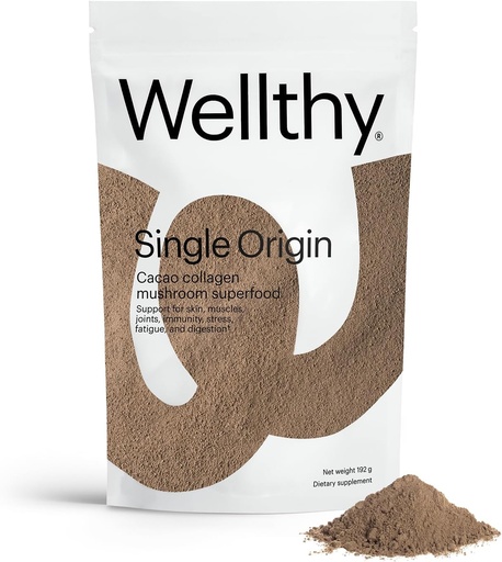 [BRSRMAILOAGWYG3D] Wellthy Collagen Superfood Powder, Fights Stress & Fatigue, Cacao, Mushroom Powder - Organic Chaga & Reishi Extracts, Certified Organic Matcha, Allergen-Free & Non-GMO
