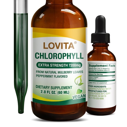 [BRSROBQYAQOQA23Z] LOVITA Chlorophyll Liquid Drops, High Potency 120 mg/mL, 7,200 mg per Bottle, Natural Energy Booster & Immune Support, Internal Deodorant, Skin Health, Vegan & Non-GMO, Mint Flavor, 60 Servings 2 Oz