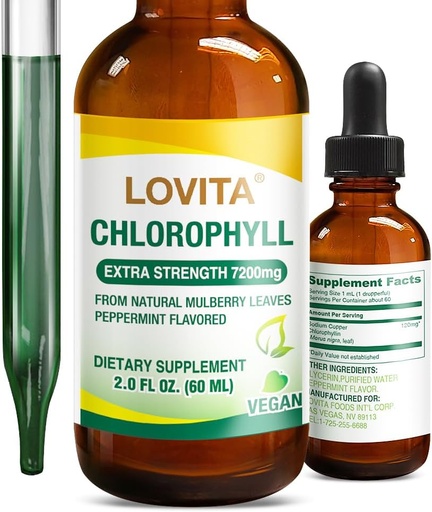 [BRSROBQYAQOQA23Z] Lovita Chlorophyll Liquid Drops, High Potency 120 mg/mL, 7,200 mg per Bottle, Natural Energy Booster & Immune Support, Internal Deodorant, Skin Health, Vegan & Non-GMO, Mint Flavor, 60 Servings 2 Oz