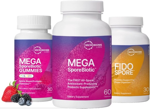 [BRSRAY3RC4BAMGTZ] Microbiome Labs Whole Family Probiotic Bundle - MegaSporeBiotic for Adults, Probiotic Gummies for Children, and FidoSpore Probiotics for Dogs and Cats