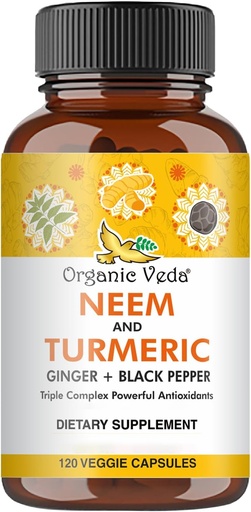 [BRSROZL5ABYWGELK] Organic Veda Neem & Turmeric Capsules with Ginger & Black Pepper - Neem Leaf, Turmeric, Ginger, Black Pepper Capsule Supplement - Vegan, Non-GMO - 120 Count