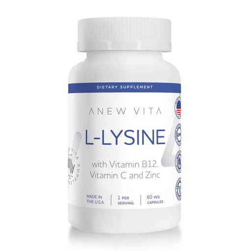 [BRSW2ELQCV6WM332] L-Lysine Supplement with Vitamin B12 + C + Zinc for Lip, Mouth, and Oral Tissue Health - Enhanced Wellness Support - Non-GMO, Gluten-Free - Made in USA - 60 Vegetable Capsules, 500mg