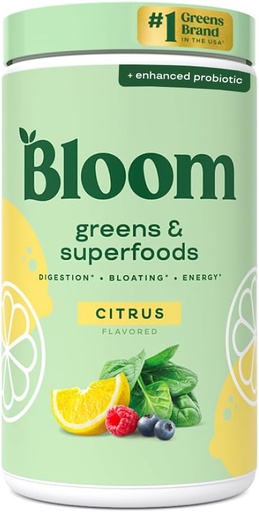 [BRSW22Q3AUPBGHLU] Bloom Nutrition Superfood Greens Powder, Digestive Enzymes with Probiotics and Prebiotics, Gut Health, Bloating Relief for Women, Chlorella, Green Juice Mix with Beet Root Powder, 60 SVG, Citrus