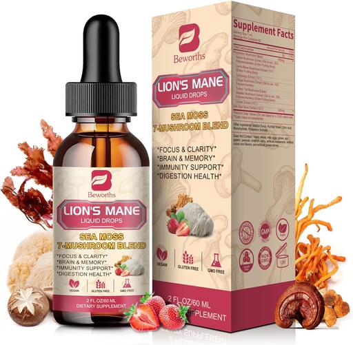 [BRSRAFQRBUGQM3Q2] Mushroom Complex Liquid Drop, 8 in 1 Lions Mane Mushroom Supplement with Irish Sea Moss, Chaga, Turkey Tail, Cordyceps & More for Brain, Focus, Cognitive & Immune Support, Vegan,Strawberry Flavor,60mL