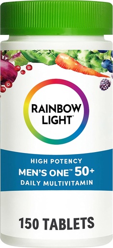 [BRSRMGQLB55GYALO] Rainbow Light Multivitamin for Men 50+, ויטמין C, D & Zinc, Probiotics, Men's One 50+ Multivitamin מספק תמיכה גבוהה בפוטנציה, Non-GMO, Vegetarian, 150 טבליות