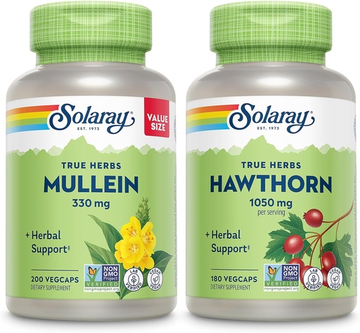 [BRSRAAQHCMGQACQZ] SOLARAY Mullein Leaf 330 mg ve Hawthorn Berry Capsules 1050 mg - Soothing Herbal Support Sche for General Health and Wellness - Vegan, Non-GMO, 60-Day Garanti, Lab TY 200/180 VegCaps