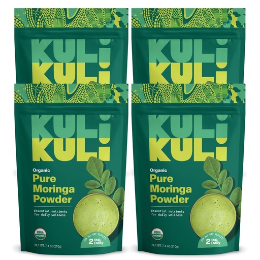 [BRSW2ZQQDMBWMDTP] Kuli Kuli Moringa Oleifera Organic Leaf Powder & Green Smoothie, 100% Pure USDA Certified & Non-GMO Moringa Powder, Great with Smoothies, Tea, and Food, 4 Pack